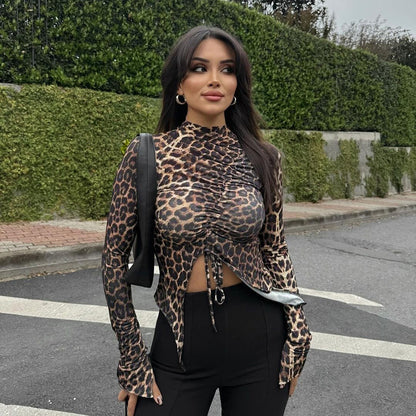 Mesh Top in Leopard Print with Drawstring Front - leopard print styled front view