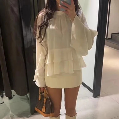 Tiered Ruffle Satin Blouse — milky white, front view