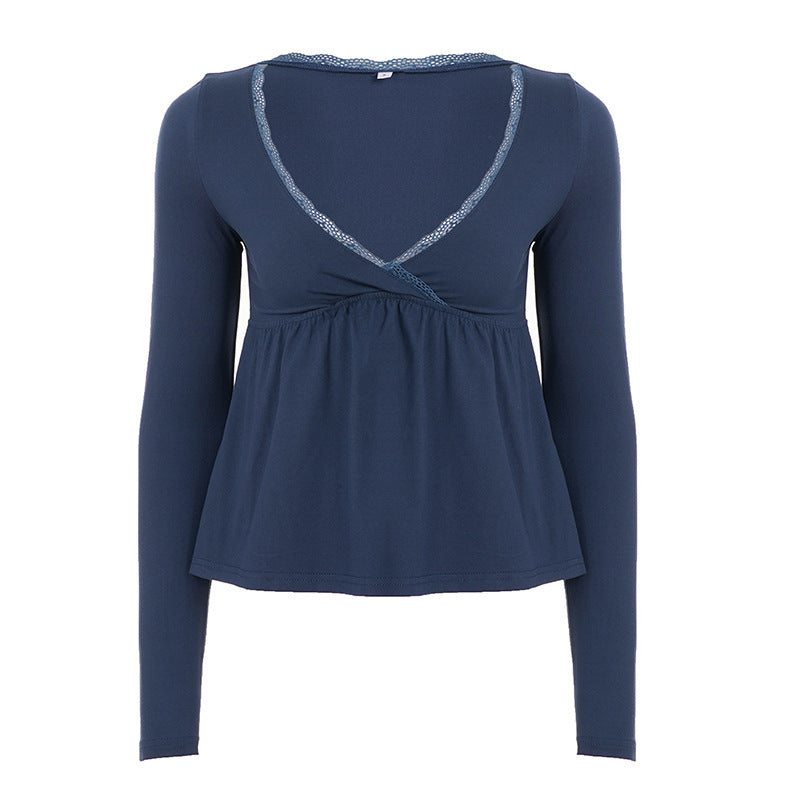 Long Sleeve Babydoll Top in Navy with Lace-Trim V-Neck - navy flat lay front view