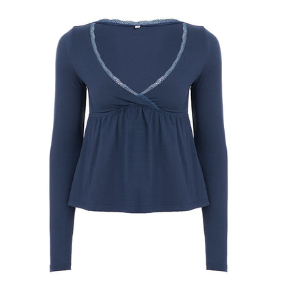 Long Sleeve Babydoll Top in Navy with Lace-Trim V-Neck - navy flat lay front view
