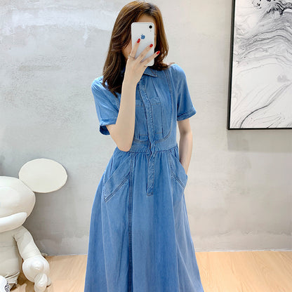 Shirt Dress in Soft Blue Tencel Denim - blue front view with pockets