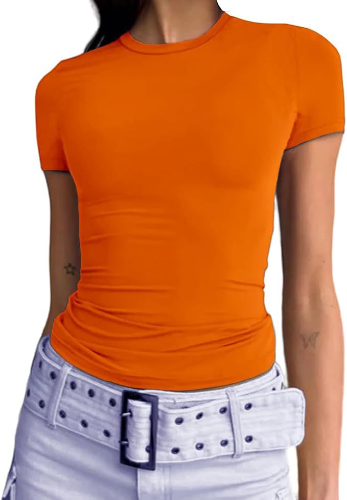 T-Shirt in Sculpting Ribbed Stretch - orange front view