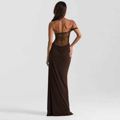 Maxi Dress with Sheer Lace Bodice and Draped Skirt - brown back view