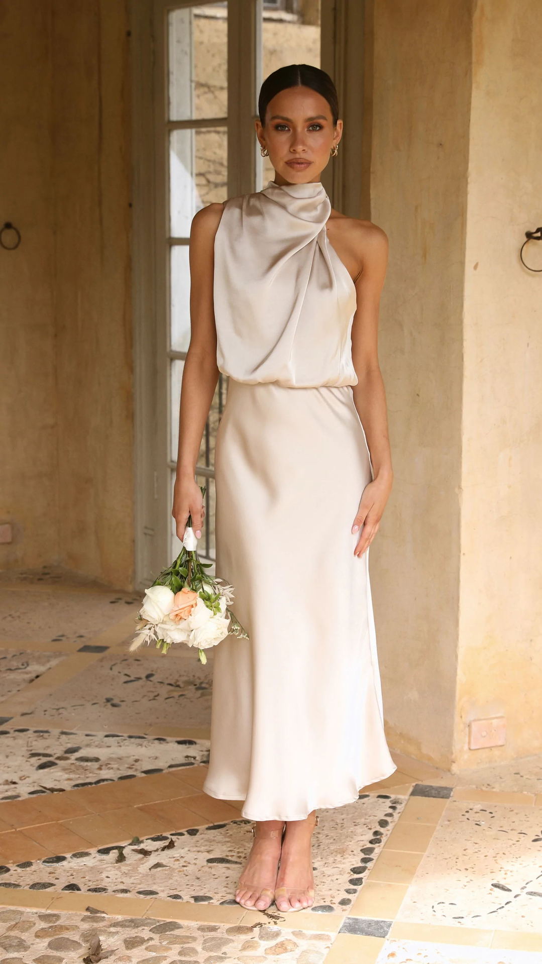 Maxi Dress with Draped Halterneck and Satin-Feel Finish - Apricot front view