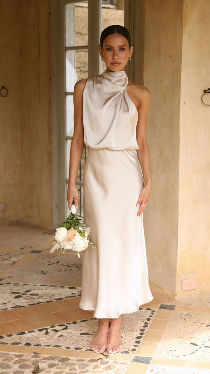 Maxi Dress with Draped Halterneck and Satin-Feel Finish - Apricot front view