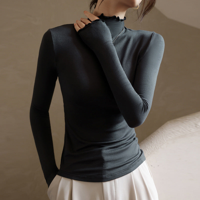 Top in Stretch Mock Neck with Ruffle Trim - smoky gray full-length view