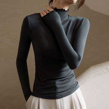 Top in Stretch Mock Neck with Ruffle Trim - smoky gray full-length view