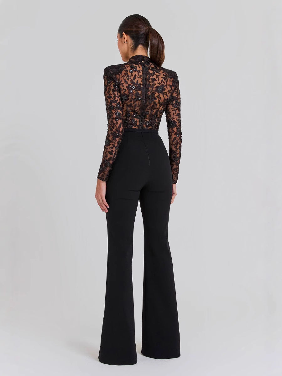 Sheer Lace Long-Sleeve Flared Jumpsuit in Black - black back full-length view