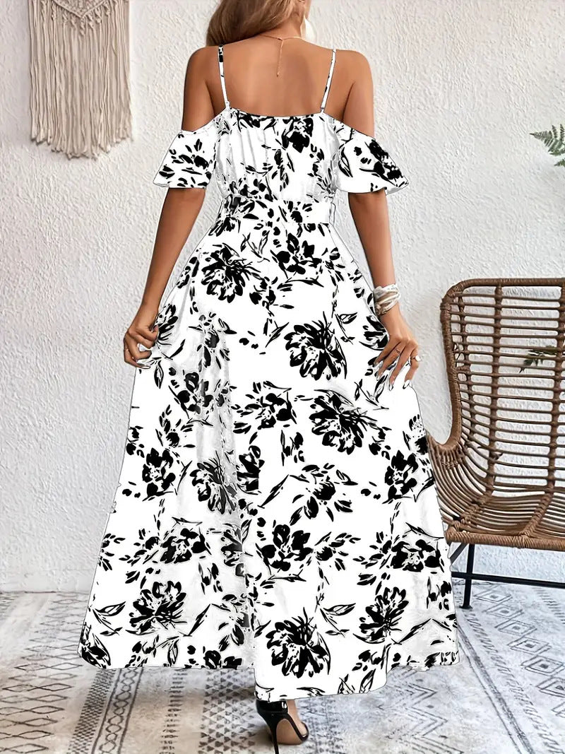 Maxi Dress in Floral Bardot Split-Hem - white back view