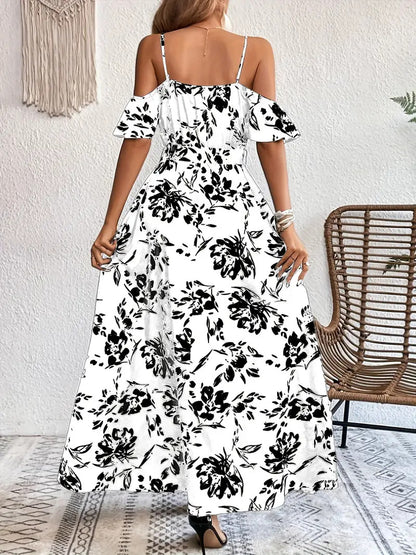Maxi Dress in Floral Bardot Split-Hem - white back view