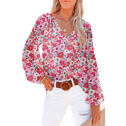 Blouse in Crinkled Floral Chiffon with V-Neck - pink floral full view