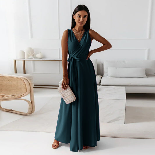 Maxi Dress with Wrap V-Neck and Tie Waist - dark green front view