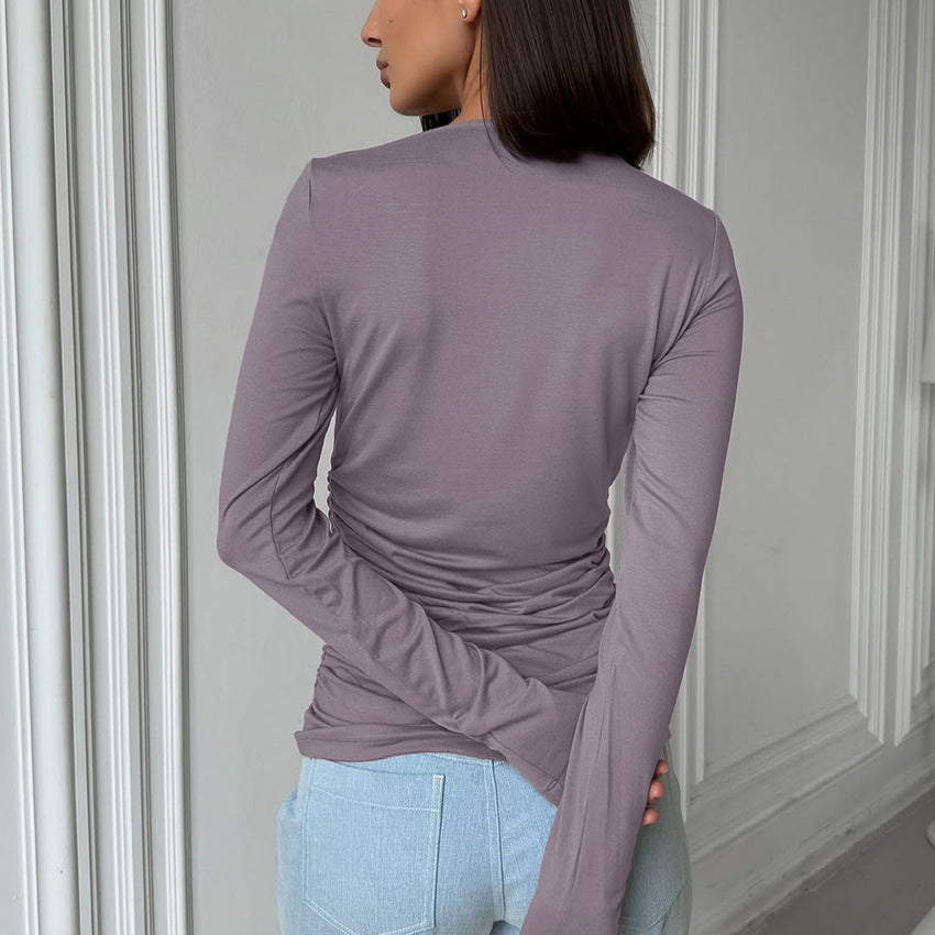 Top in Dusty Mauve with Draped Neck and Ruched Waist - dusty mauve back view