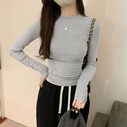 T-Shirt Top with Side Ruching and Long Sleeves - light grey front view