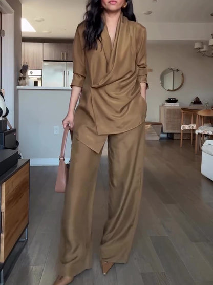 Satin Wrap Blouse & Wide-Leg Trousers Co-Ord in Camel - camel front full-length view