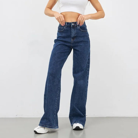 Wide-Leg Jeans in High-Waist Stretch Denim - dark blue front fit