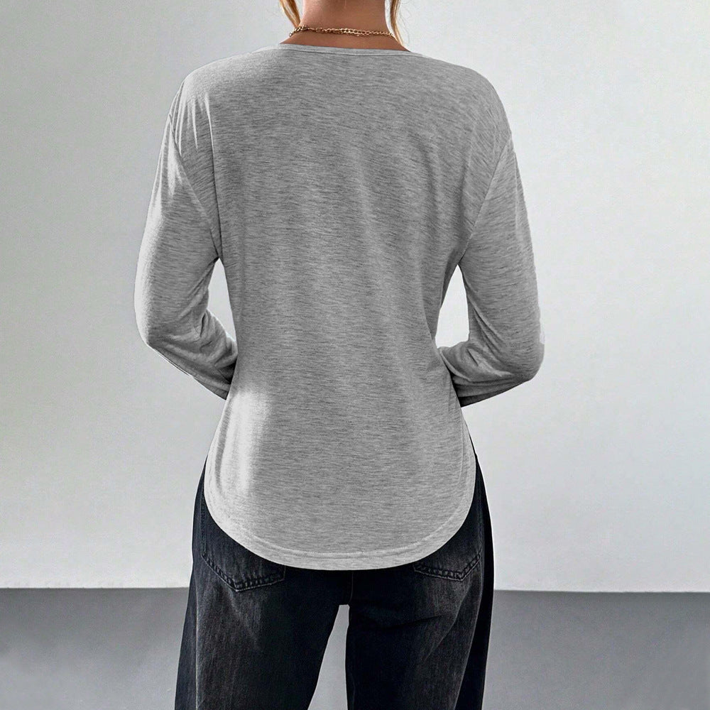 Long Sleeve Top in Grey Marl with Fold-Over V-Neck - back view