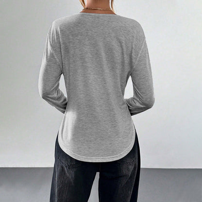 Long Sleeve Top in Grey Marl with Fold-Over V-Neck - back view