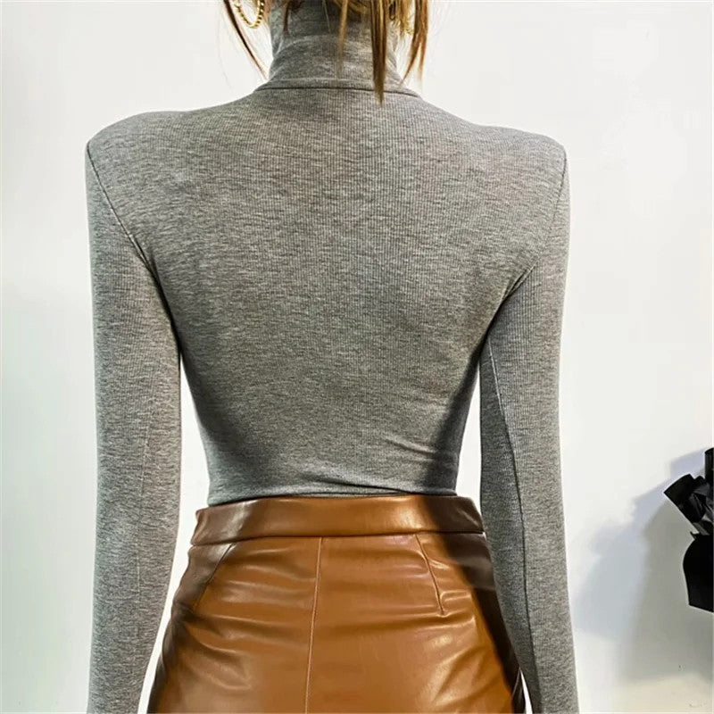 Bodysuit in Stretch Cotton with High Neck and Long Sleeves - grey back view