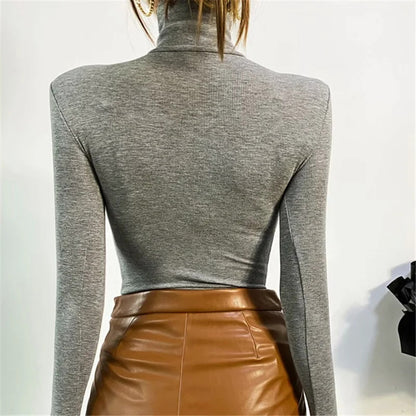 Bodysuit in Stretch Cotton with High Neck and Long Sleeves - grey back view