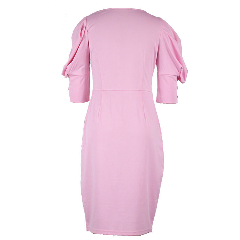 Bodycon Knee-Length Dress with Square Neck and Puff Sleeves - pink back view on mannequin