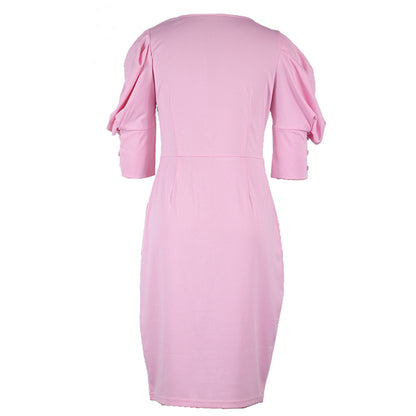 Bodycon Knee-Length Dress with Square Neck and Puff Sleeves - pink back view on mannequin