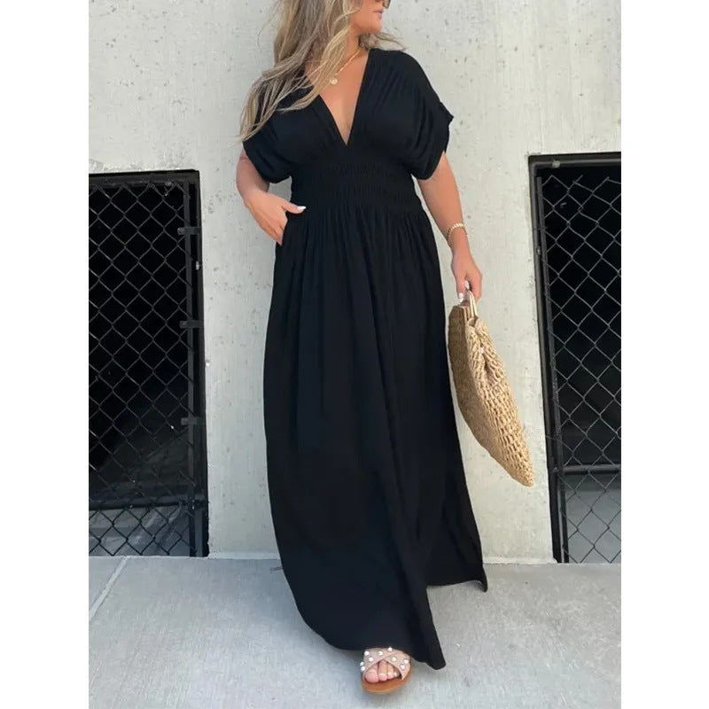 Maxi Dress with Batwing Sleeves, V-Neck and Side Slit - black front view