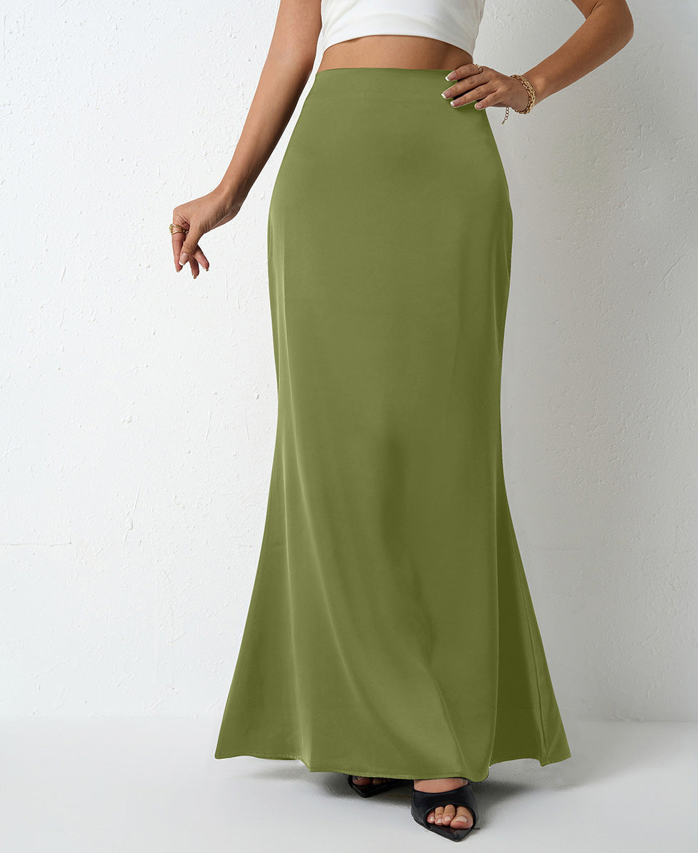 Maxi Skirt in Satin Bias Cut - Green front view
