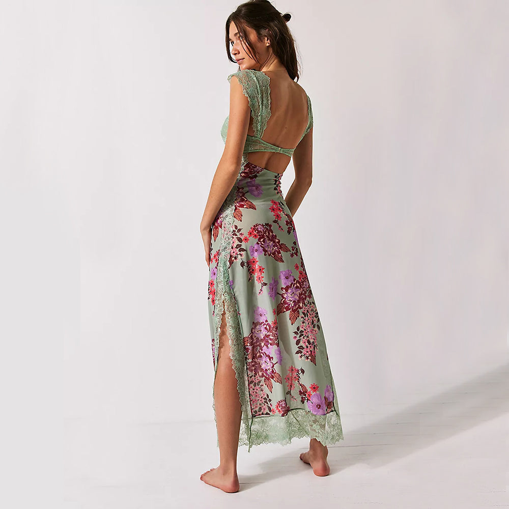Maxi Dress with Lace Bodice and Floral Print - green back view