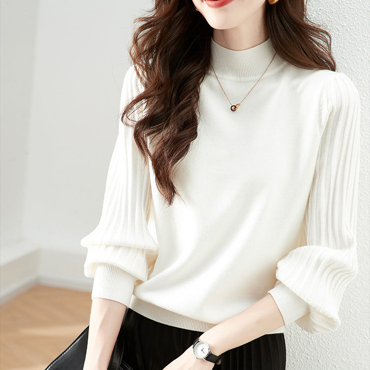 Knit Top with Pleated Sleeves and Mock Neck - White front view with rolled cuffs