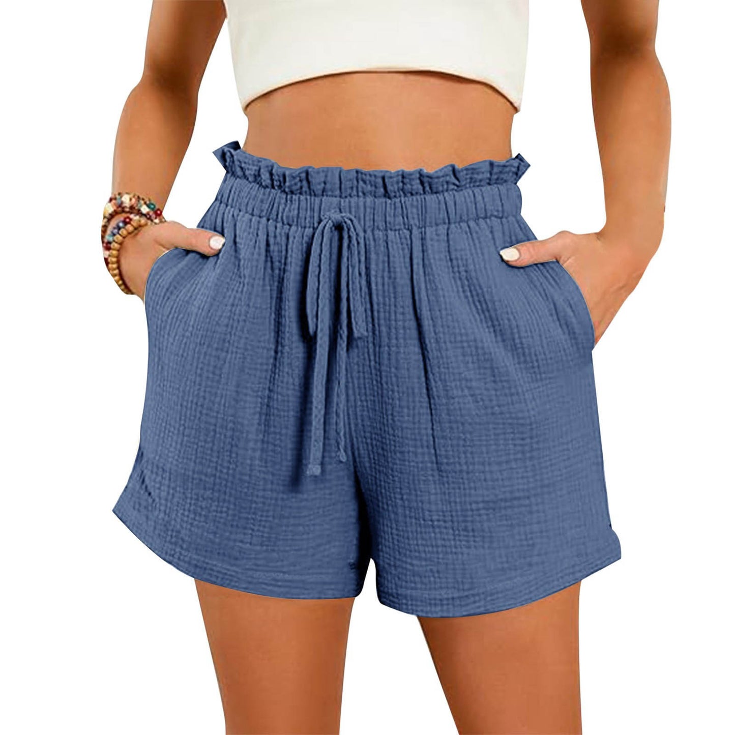 Shorts in Textured Cotton with Paperbag Waist - Haze Blue front view
