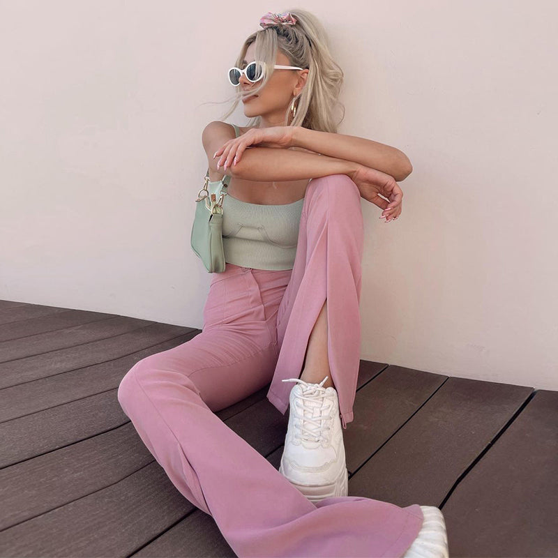 Split-Hem Flared Trousers in Black, Pink or Orange - Pink seated lifestyle view
