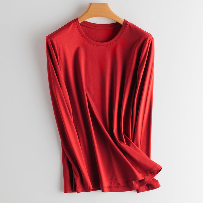T-Shirt in Soft Drape Jersey with Long Sleeves - red round neck front view