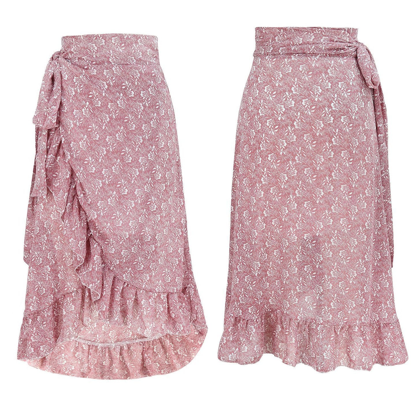 Midi Skirt in Floral Chiffon with Wrap Ruffle Hem - pink floral front and back view