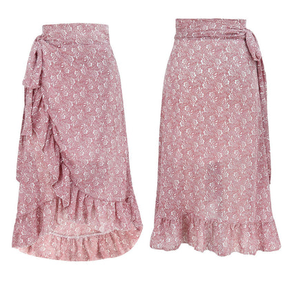 Midi Skirt in Floral Chiffon with Wrap Ruffle Hem - pink floral front and back view