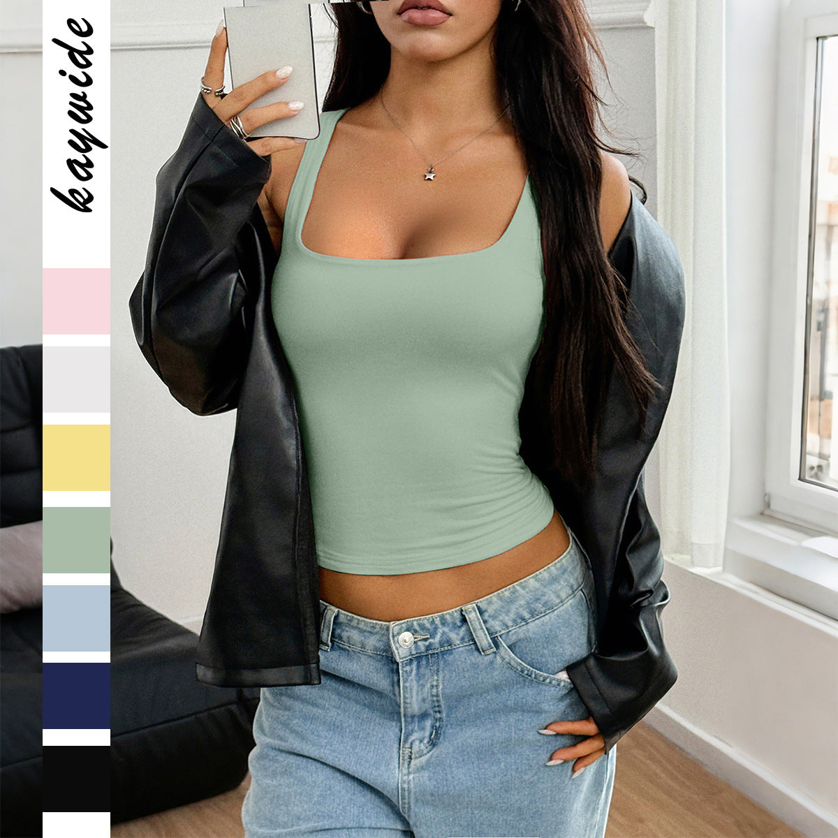 Vest Top in Square-Neck Ribbed Crop Fit - Bean Green front view