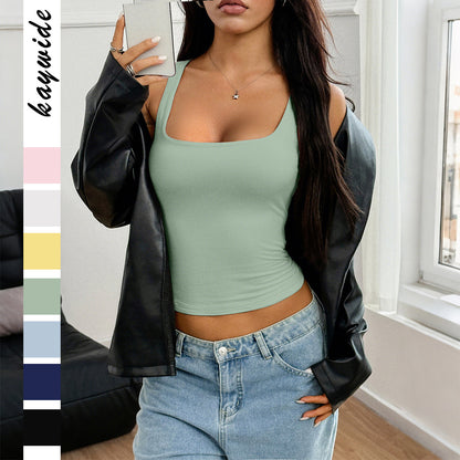 Vest Top in Square-Neck Ribbed Crop Fit - Bean Green front view
