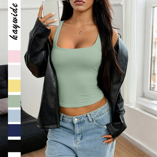 Vest Top in Square-Neck Ribbed Crop Fit - Bean Green front view