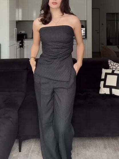 Bandeau Top & Wide-Leg Trousers Co-Ord in Pinstripe - charcoal pinstripe full-length front view