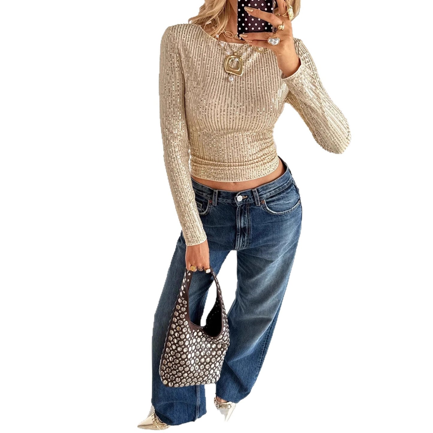 Sequin Long-Sleeve Top in Champagne, Silver, Black & Pink - Champagne full outfit studio view
