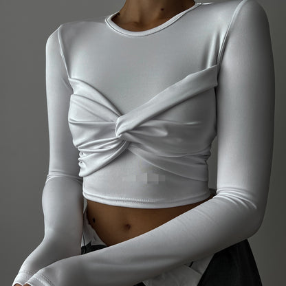 Crop Top in White & Black with Twist Front and Long Sleeves - white twist-front detail