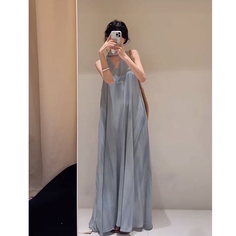Maxi Dress in Grey-Blue Satin with Draped Neckline - grey-blue flowing skirt front view
