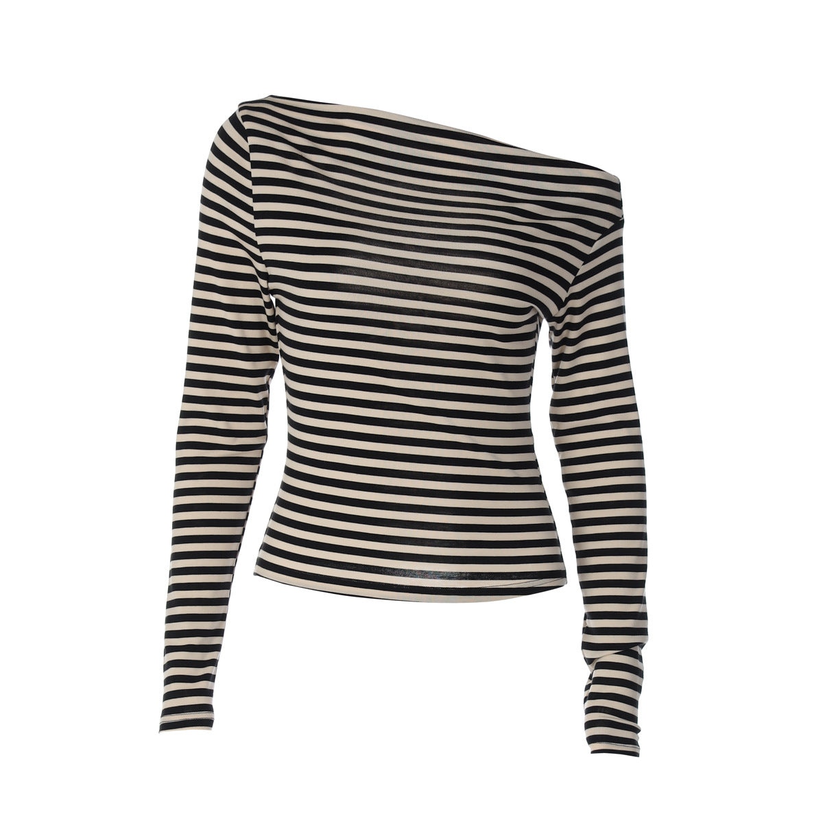 Long Sleeve Top in Black and Stone Stripe with Asymmetric Neckline - flat lay front