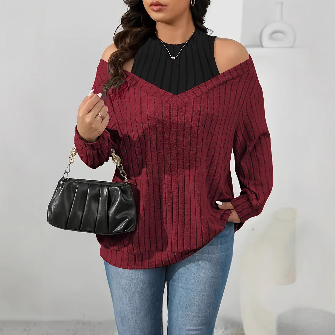 Knit Top in Wine Red with Cold-Shoulder Contrast Panel - wine red styled front view