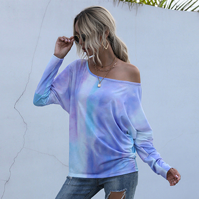 Long Sleeve Top in Pastel Tie-Dye with Bardot Neck - purple side drape view