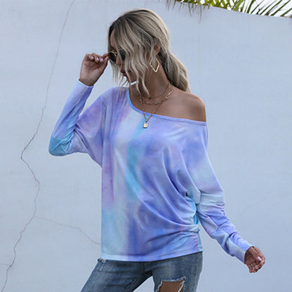 Long Sleeve Top in Pastel Tie-Dye with Bardot Neck - purple side drape view