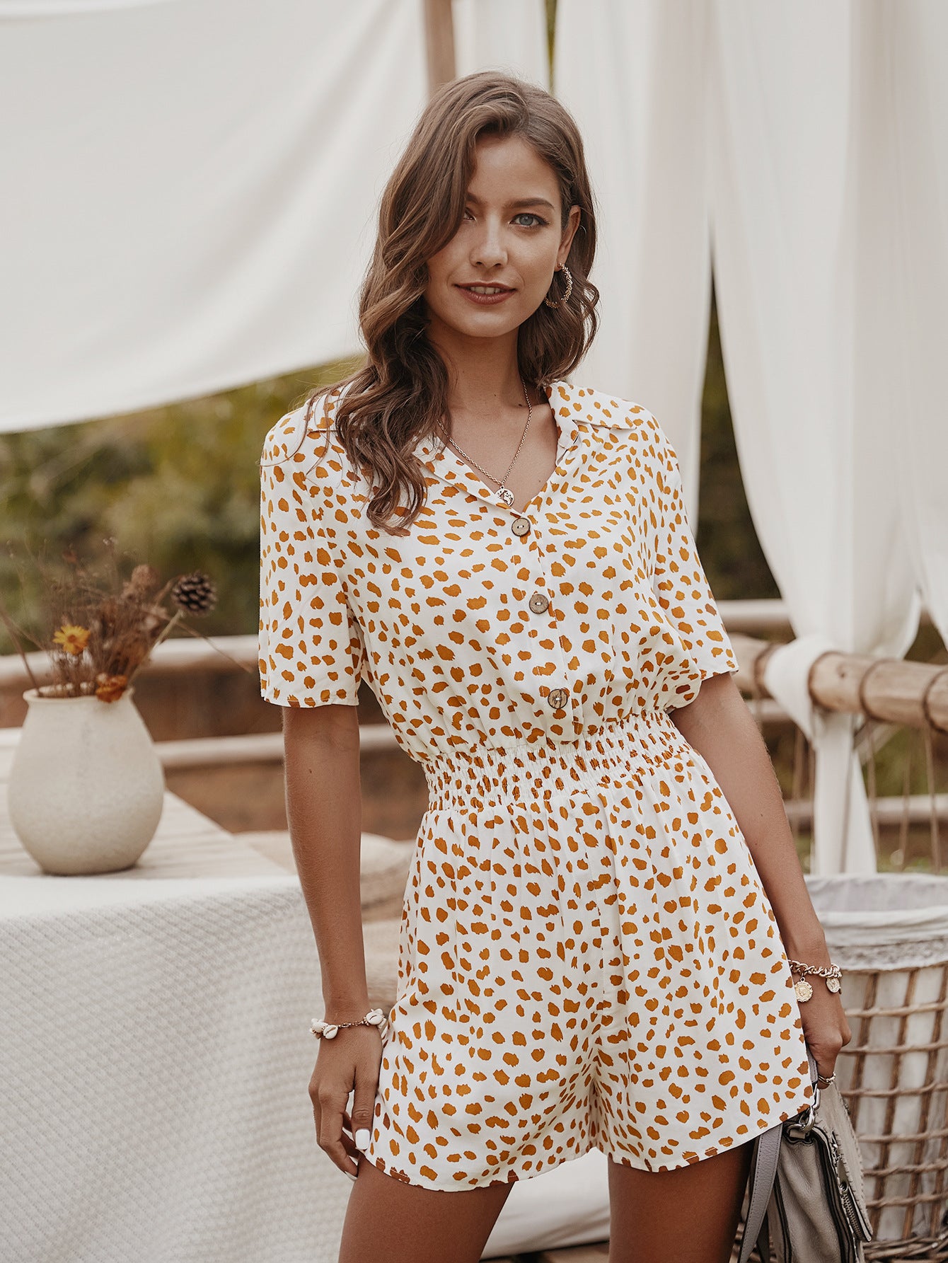 Playsuit with Shirt Collar in Ditsy Floral Print - white angled front view