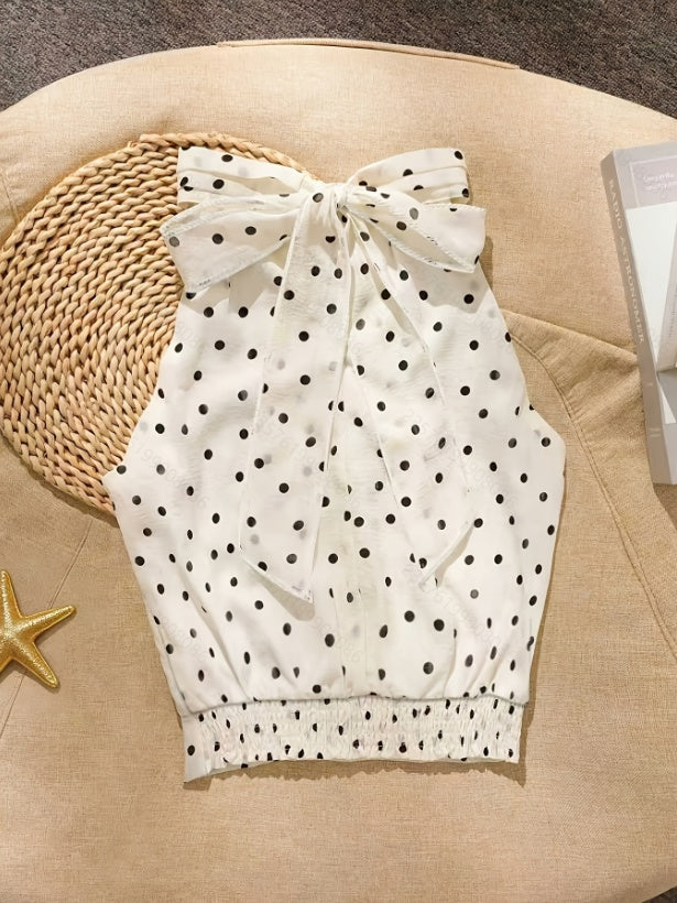 Blouse in Ivory Polka-Dot Chiffon with Halter Bow - ivory flat lay back view