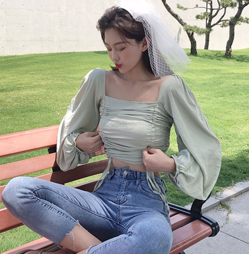 Top with Ruched Bardot Neckline and Lantern Sleeves - green outdoor front view