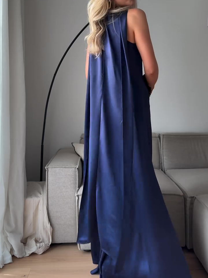 Maxi Dress in Royal Blue Satin with Draped Scarf Neck - back view showing the full-length scarf detail